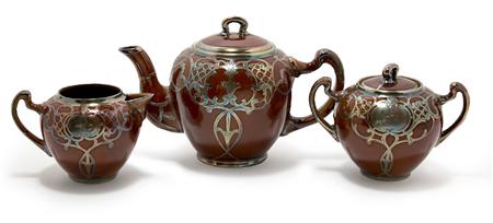 Appraisal: Lenox Three-Piece Silver Overlay Brown Glazed Tea Service Estimate -