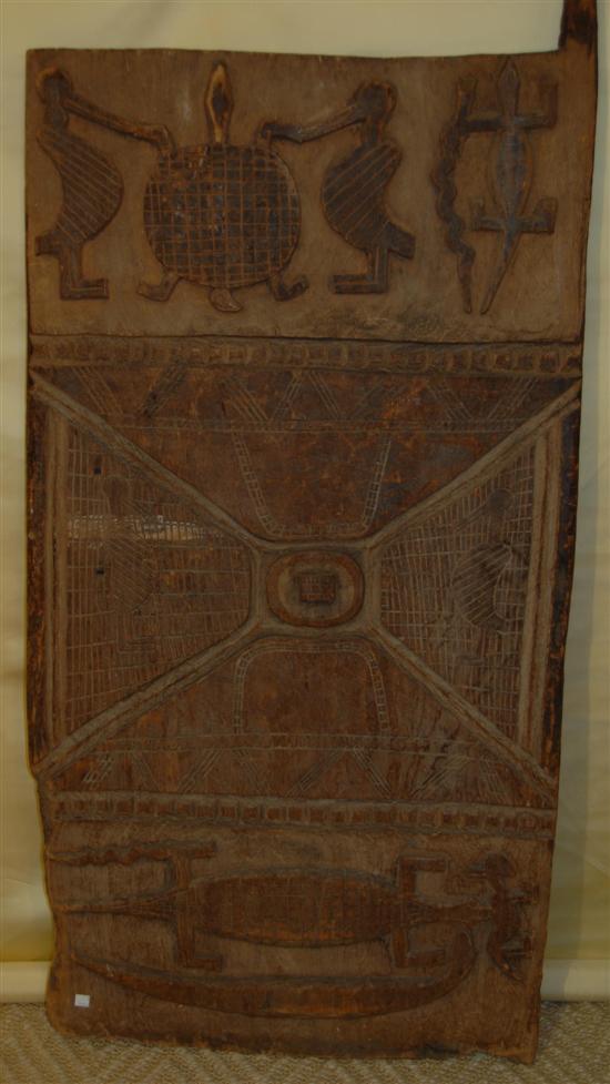 Appraisal: CARVED AFRICAN WOOD PANEL th C Cerimonial w lizards crocs