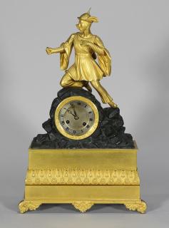 Appraisal: French Neoclassical style patinated bronze figural mantle clock French Neoclassical