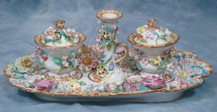 Appraisal: Unmarked German porcelain inkstand with applied floral decoration one inkwell