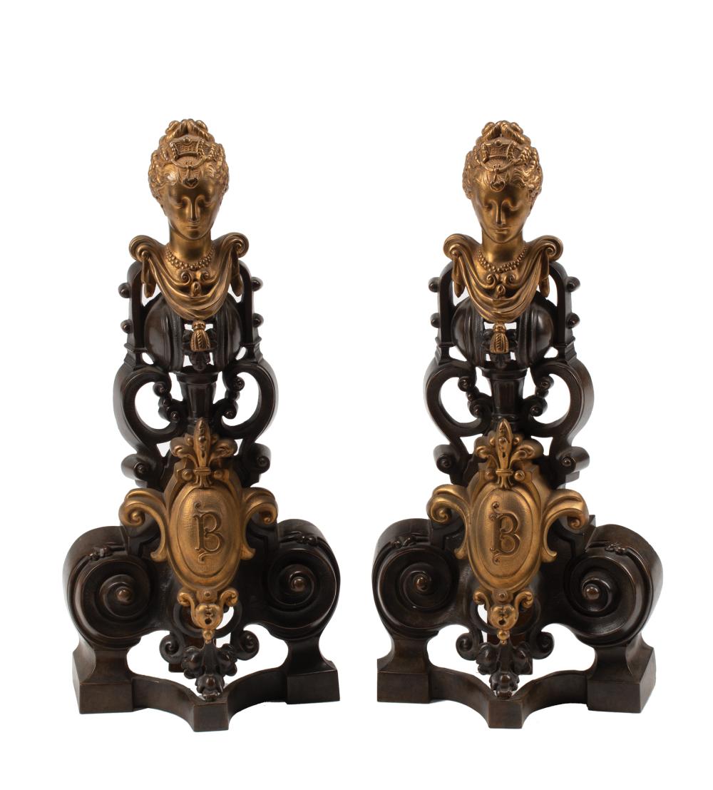 Appraisal: Pair of French Regence-Style Patinated and Gilt Bronze Chenets th