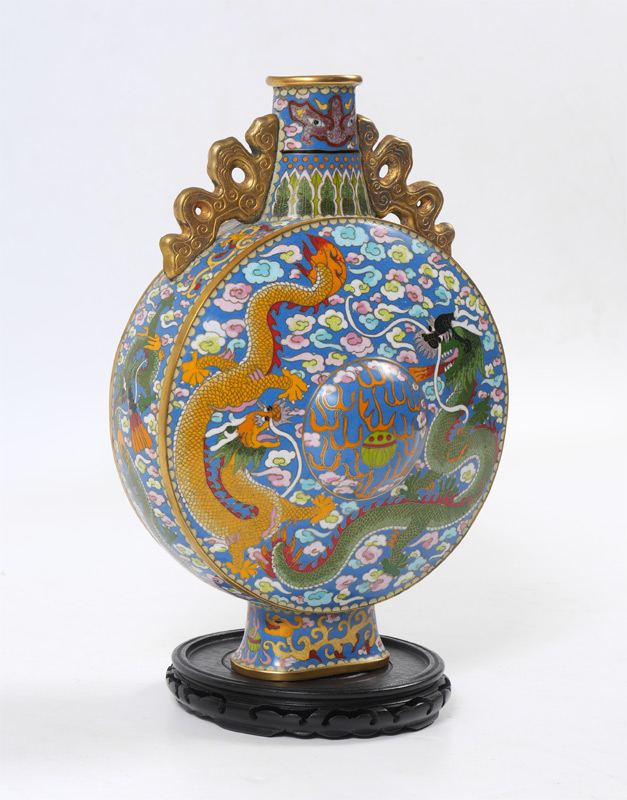 Appraisal: CHINESE CLOISONNE MOON VASE Dragon in clouds motifs on blue