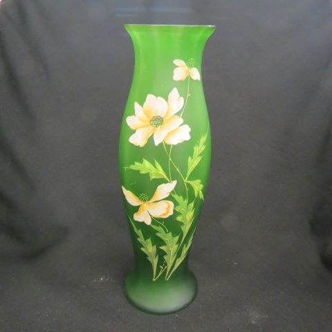 Appraisal: Enameled Satin Art Glass Vase emerald green with floral decor