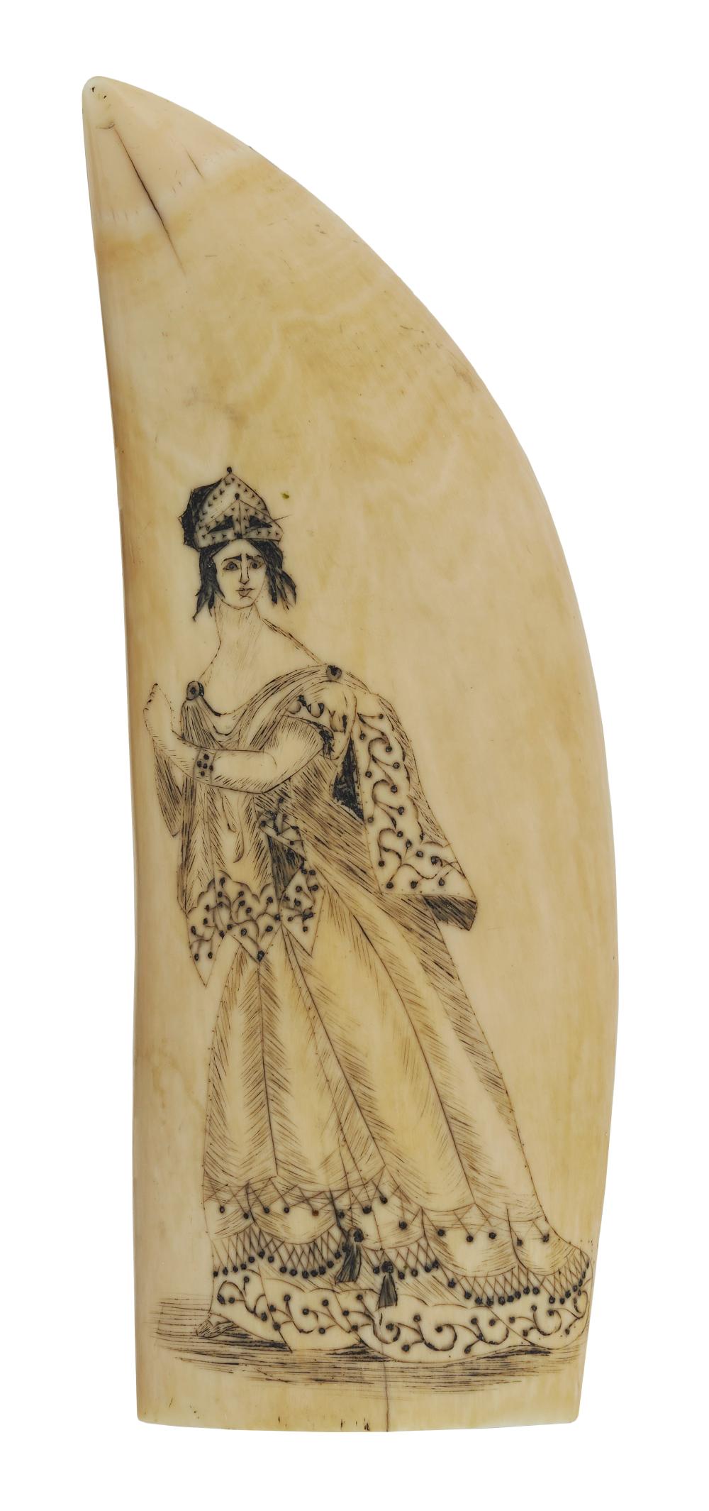 Appraisal: SCRIMSHAW WHALE'S TOOTH WITH THEATRICAL PORTRAITS TH CENTURY LENGTH SCRIMSHAW