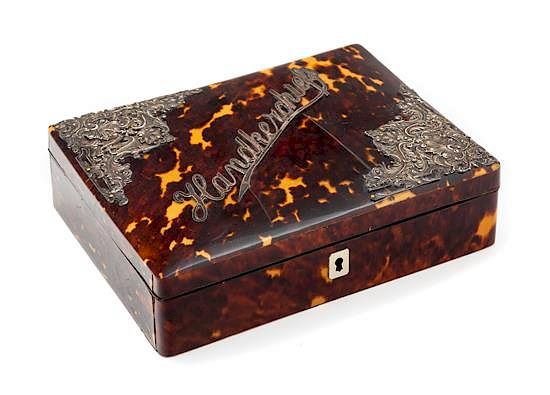 Appraisal: An English Silver Mounted Tortoise Shell Handkerchief Casket Height x