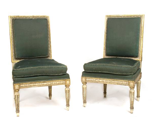 Appraisal: A pair of paint decorated Louis XVI style green upholstered