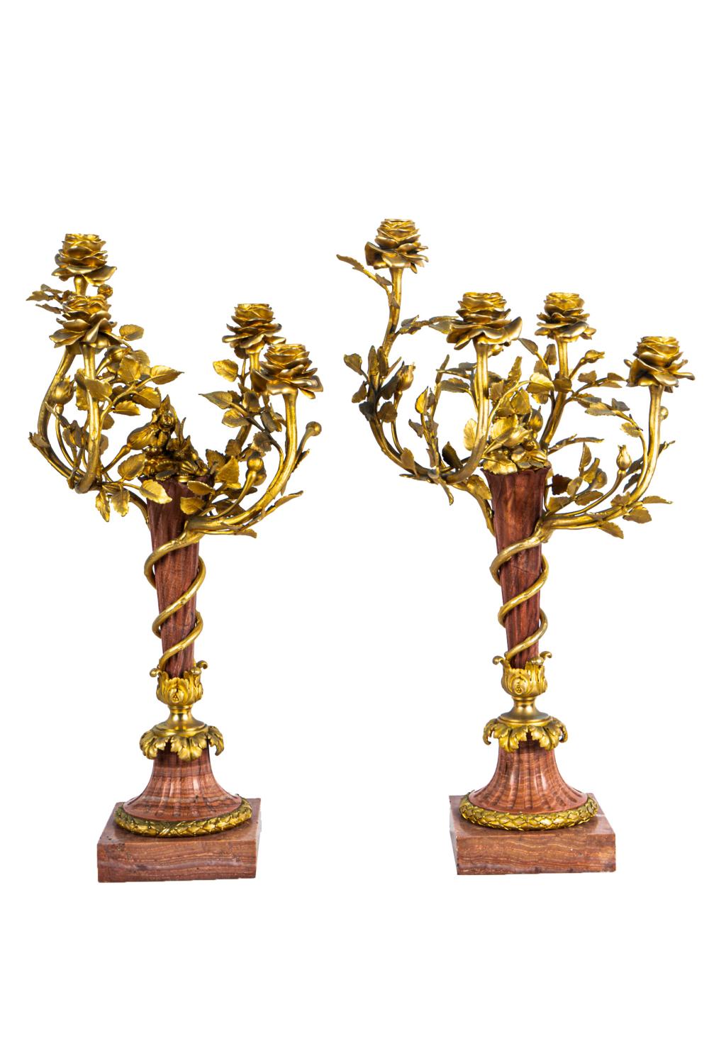 Appraisal: PAIR OF ROUGE MARBLE GILT BRONZE CANDELABRAeach having four lights