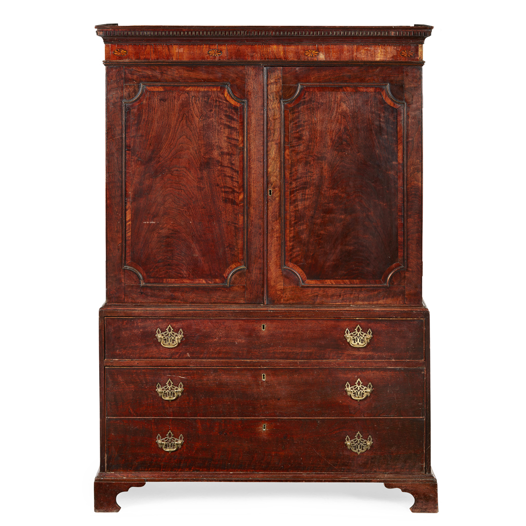 Appraisal: SMALL GEORGE III MAHOGANY LINEN PRESS TH CENTURY the dentil