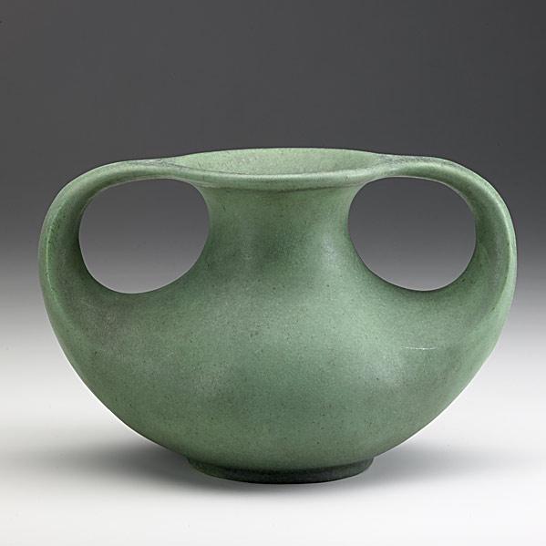 Appraisal: TECOTwo-handled matte green vaseStamped TECO x