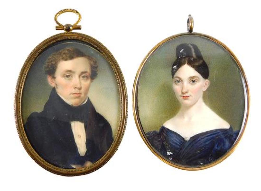 Appraisal: MINIATURE Young man and woman both on oval supports likely