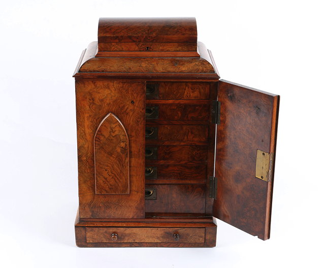 Appraisal: A VICTORIAN FIGURED WALNUT VENEERED TABLE TOP COLLECTORS CABINET with