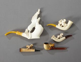 Appraisal: Group of Five Carved Horse Meerschaum Pipes three th c