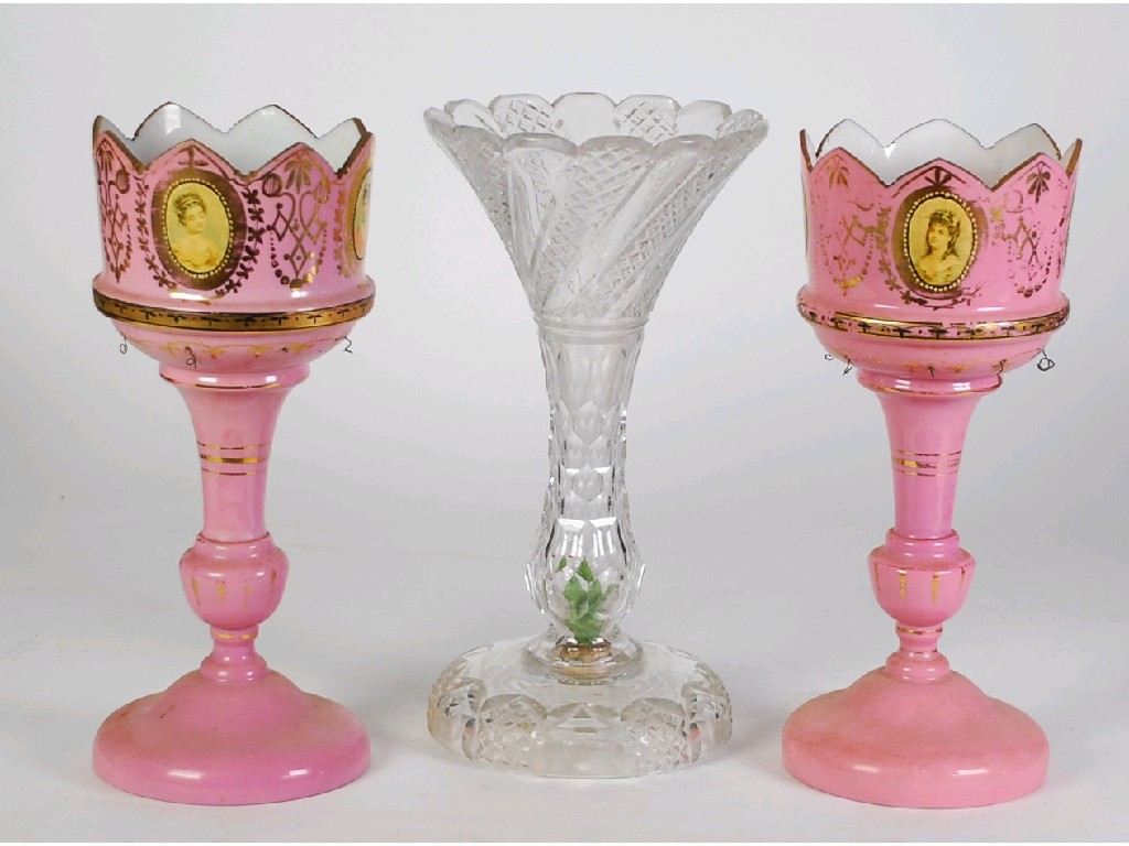 Appraisal: PAIR OF VICTORIAN PINK GLASS TABLE LUSTRES typical form decorated