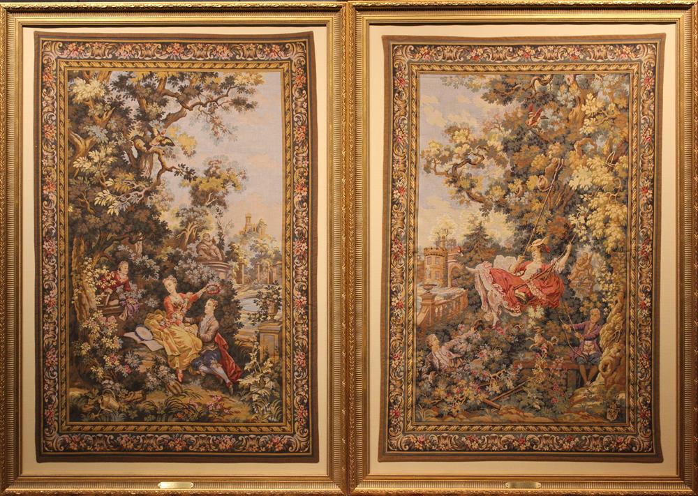 Appraisal: PAIR OF TH CENTURY MACHINE-WOVEN TAPESTRIES AFTER FRAGONARD FRAMED two