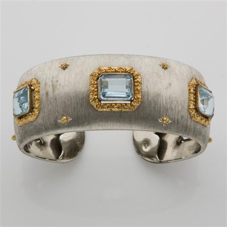 Appraisal: Two-Color Gold and Aquamarine Cuff Bangle Estimate -