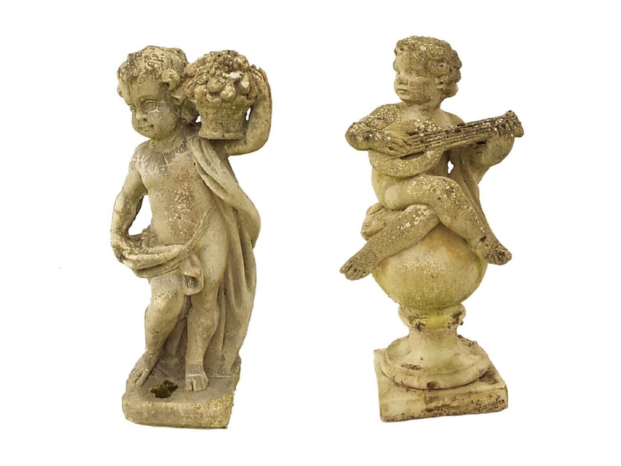 Appraisal: Two similar reconstituted stone cherubs one carrying flowers the other