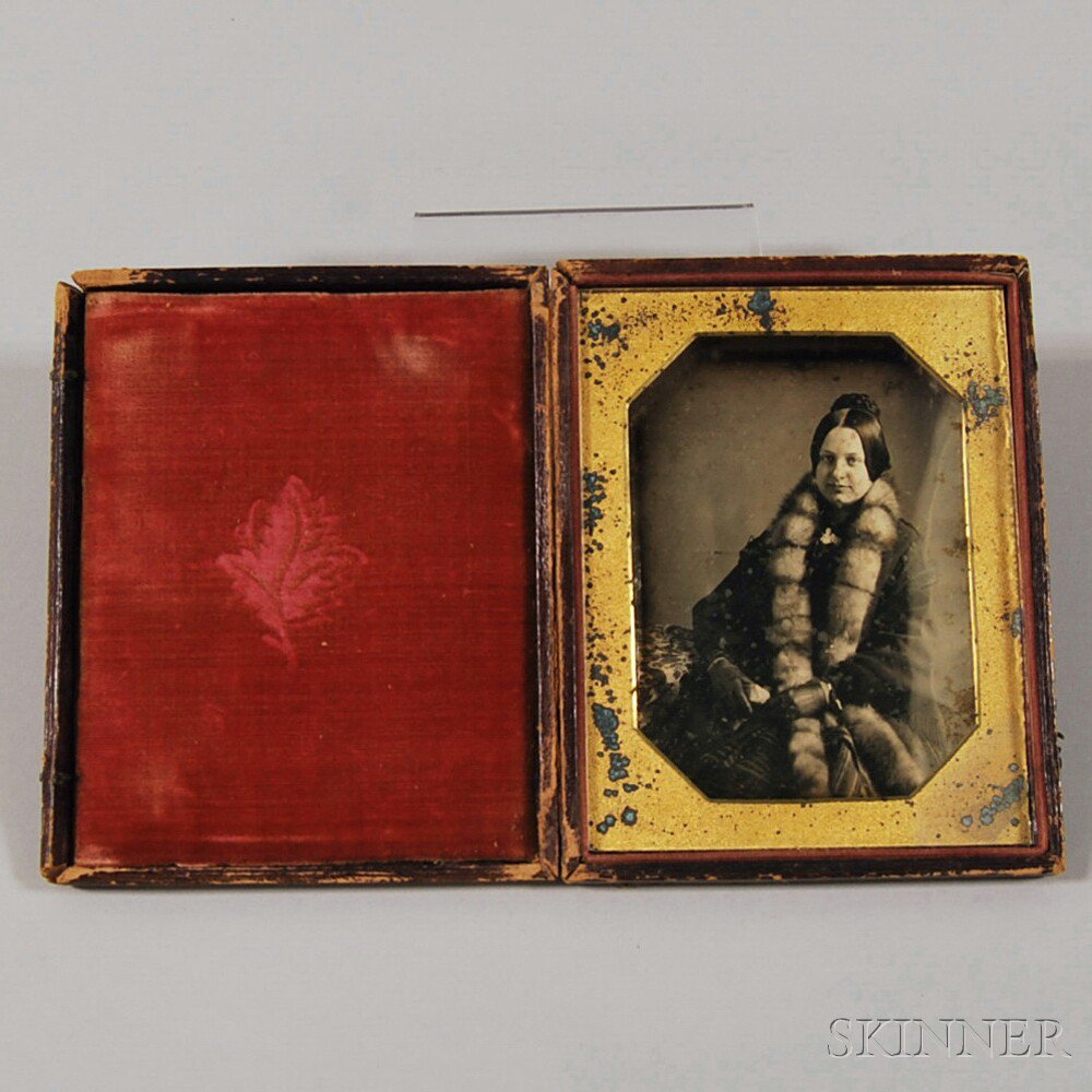 Appraisal: Half-plate Daguerreotype Portrait of a Young Woman Wearing a Fur