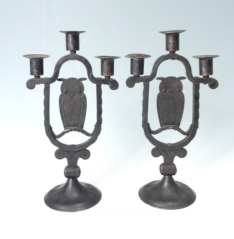 Appraisal: GOBERG Hugo Berger PAIR OF OWL ARTS AND CRAFTS CANDELABRA