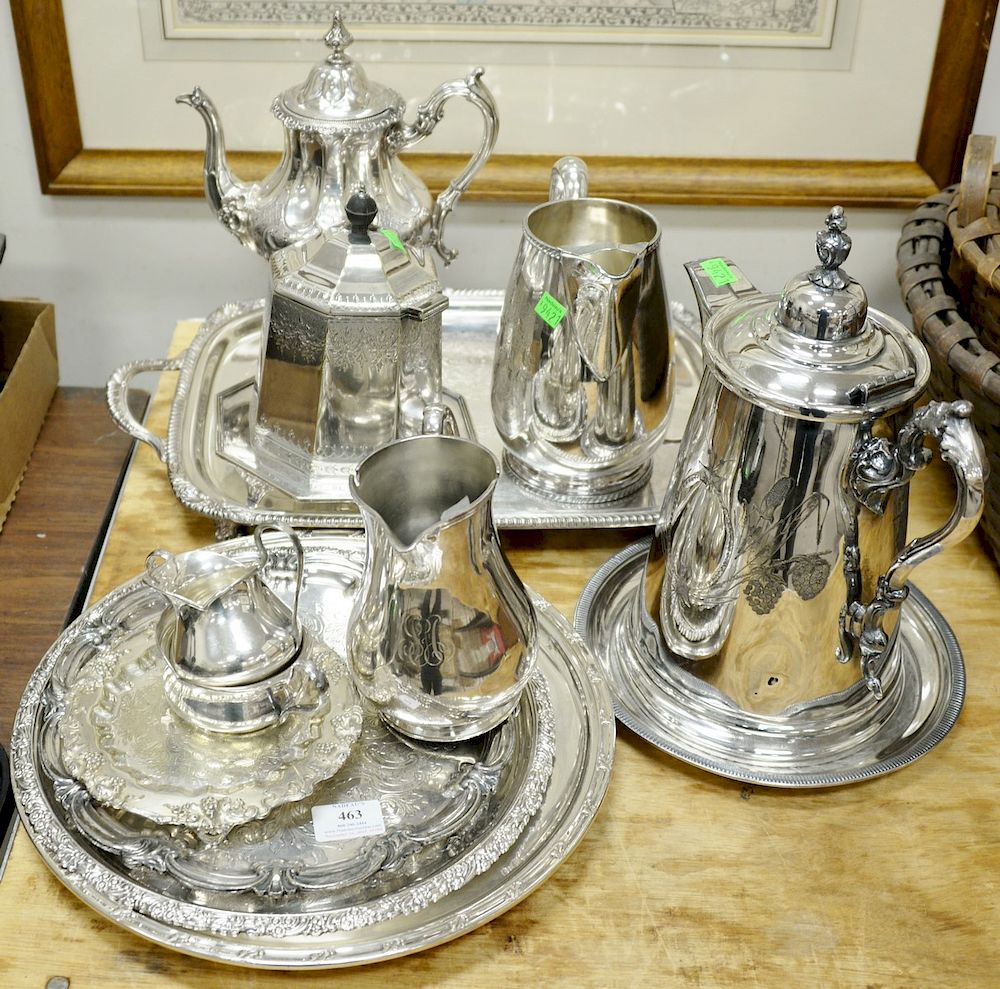 Appraisal: Group lot of silver plate trays tea pot pitcher ice