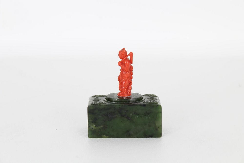 Appraisal: Unusual Carved Coral Spinach Jade Snuff Box Unusual Carved Coral