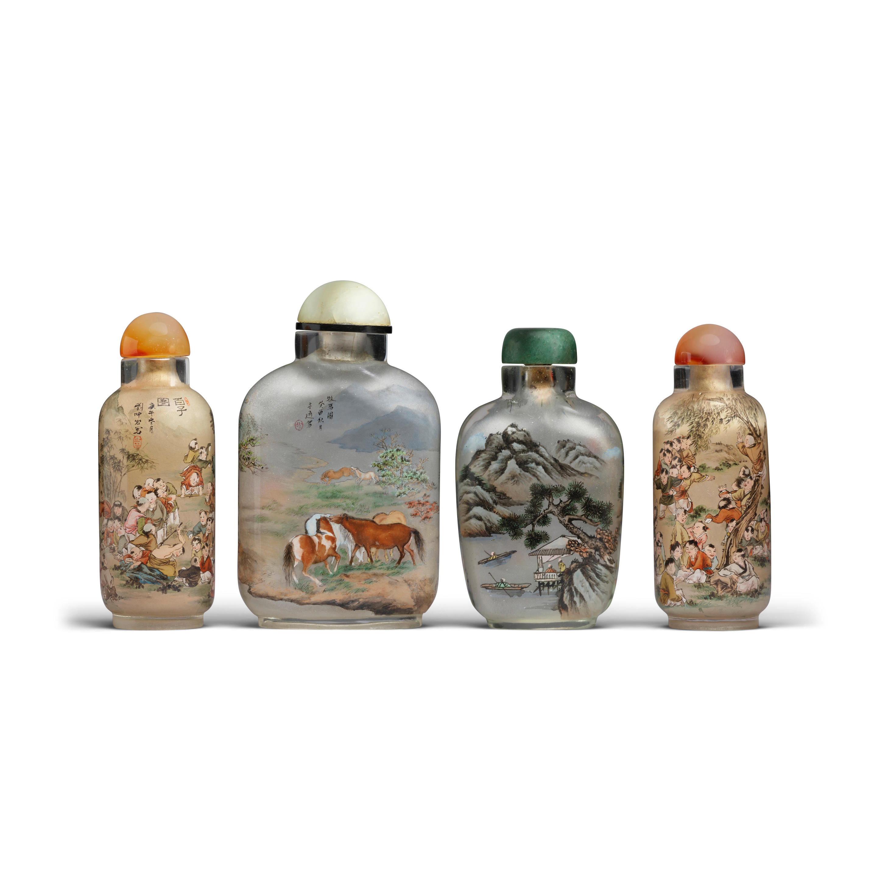 Appraisal: FOUR INSIDE-PAINTED GLASS SNUFF BOTTLES Late th century Late th