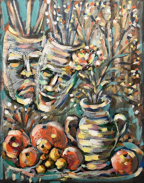 Appraisal: Greg Ridley O C Still Life with Masks Greg Ridley