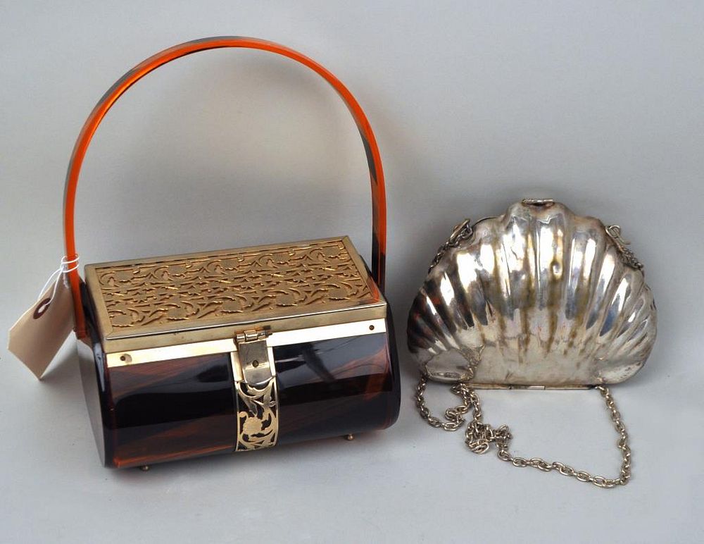 Appraisal: Tyrolean Tortoise Lucite Rectangle Purse together with clamshell form evening