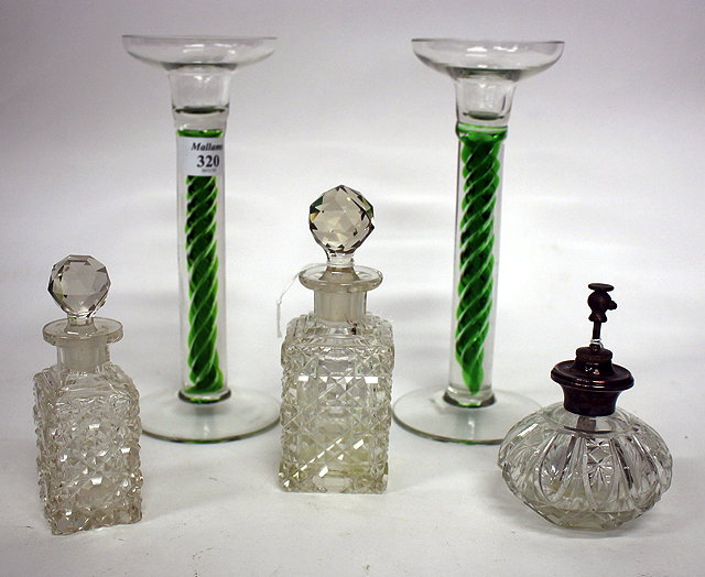 Appraisal: A PAIR OF VILLEROY AND BOCH GLASS CANDLESTICKS with green