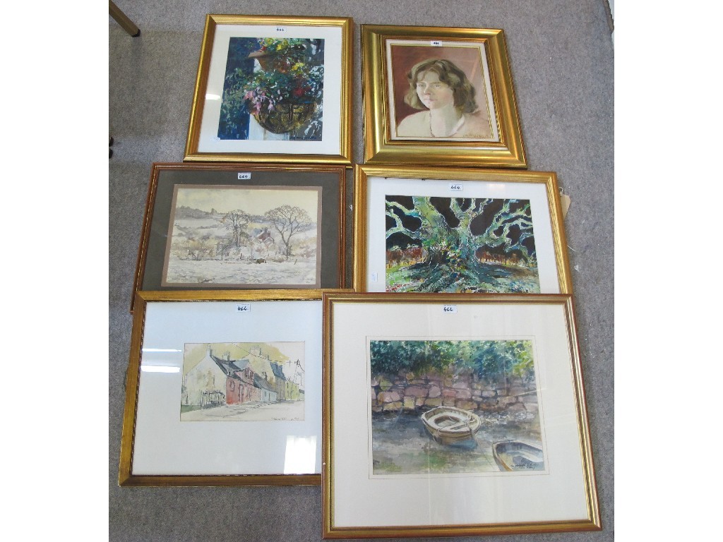 Appraisal: IAN McILHENNY Lot comprising four watercolours and one oil all