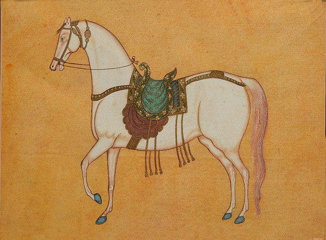 Appraisal: INDIAN SCHOOLMiniature of white horse with saddle gouache and gold