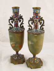 Appraisal: A pair of cloisonne enamelled brass mounted onyx urn shaped