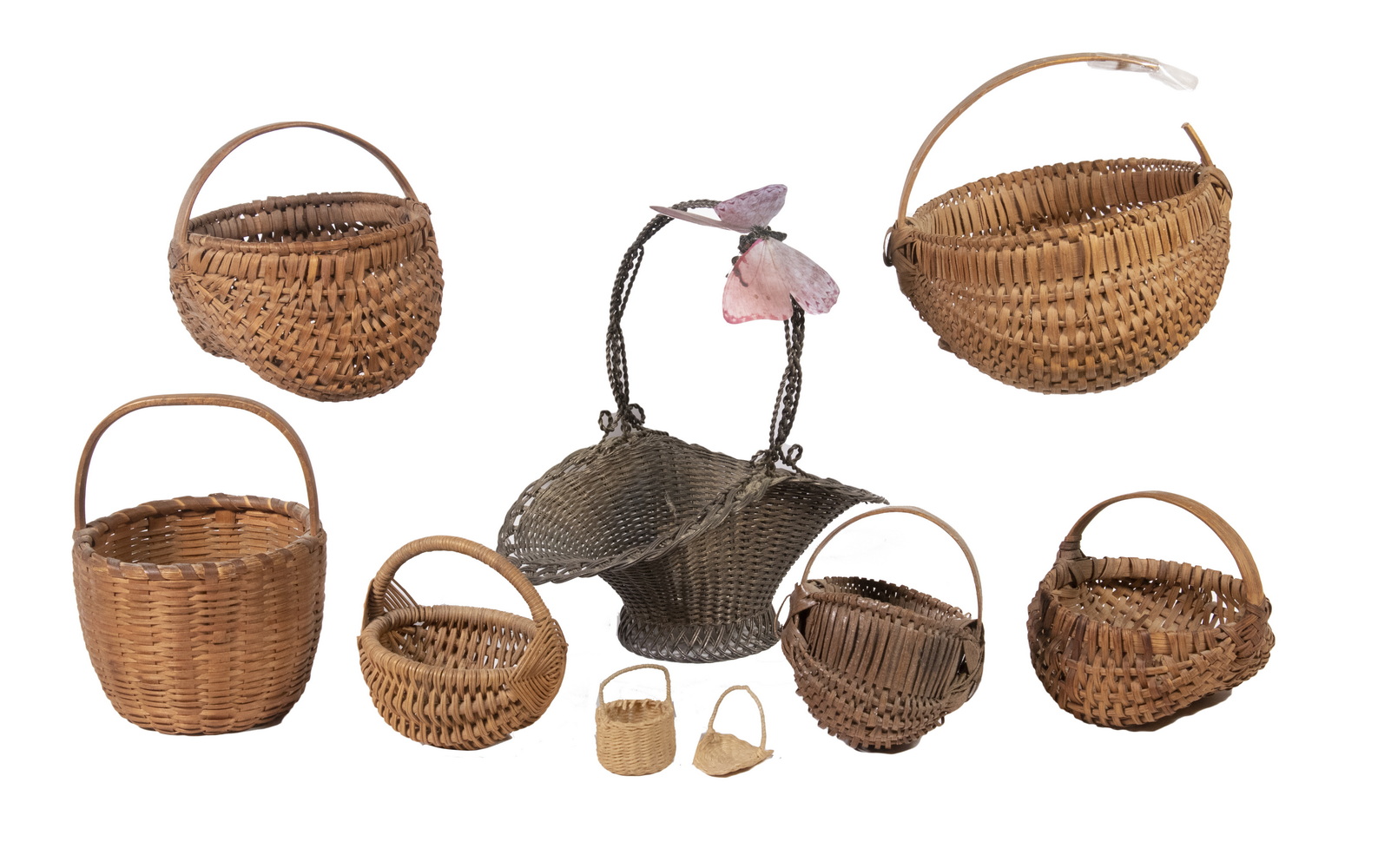 Appraisal: ASSORTED BASKETS Including Wood splint buttocks baskets to high largest