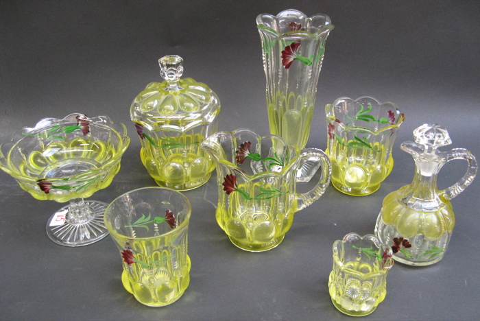 Appraisal: AMERICAN PATTERN GLASS TABLE SERVICE pieces hand painted flower and