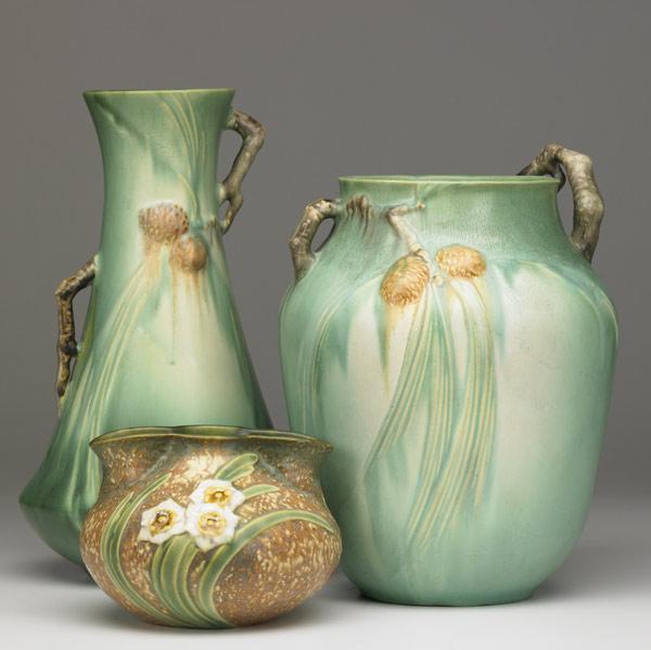 Appraisal: ROSEVILLE Three vases Two green Pine Cone vases - and