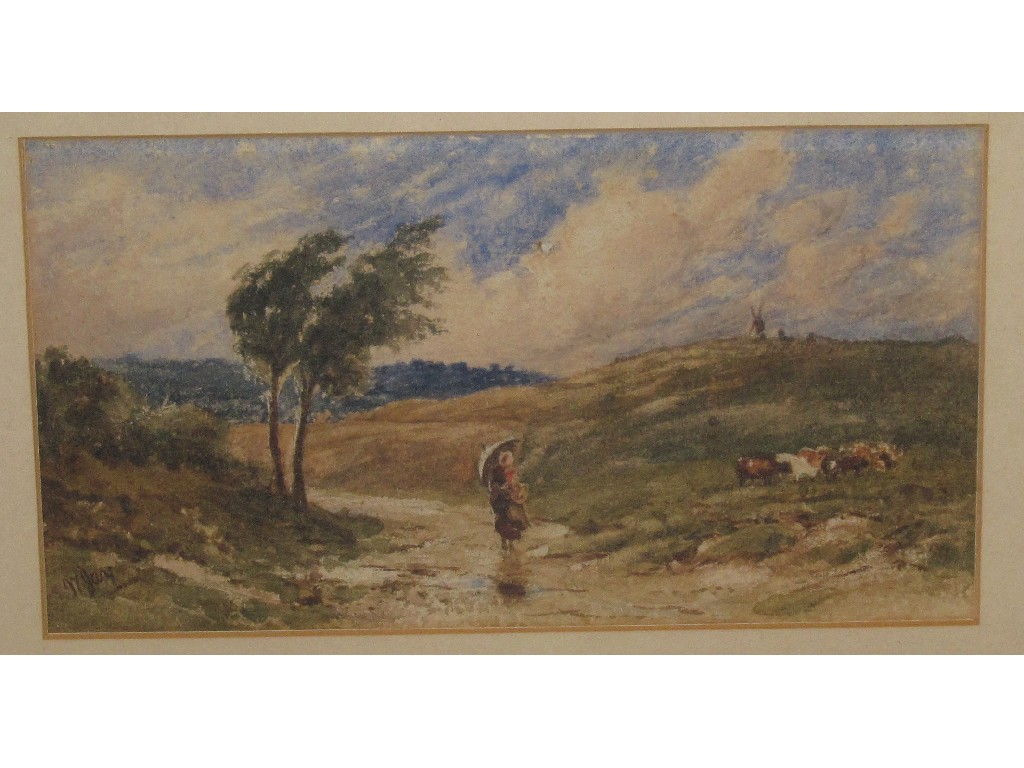 Appraisal: Watercolour landscape with a figure and cattle indistinctly signed lower