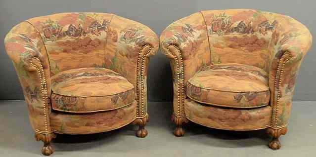 Appraisal: Pair of Stoneleigh chairs with Western stagecoach motif upholstery h