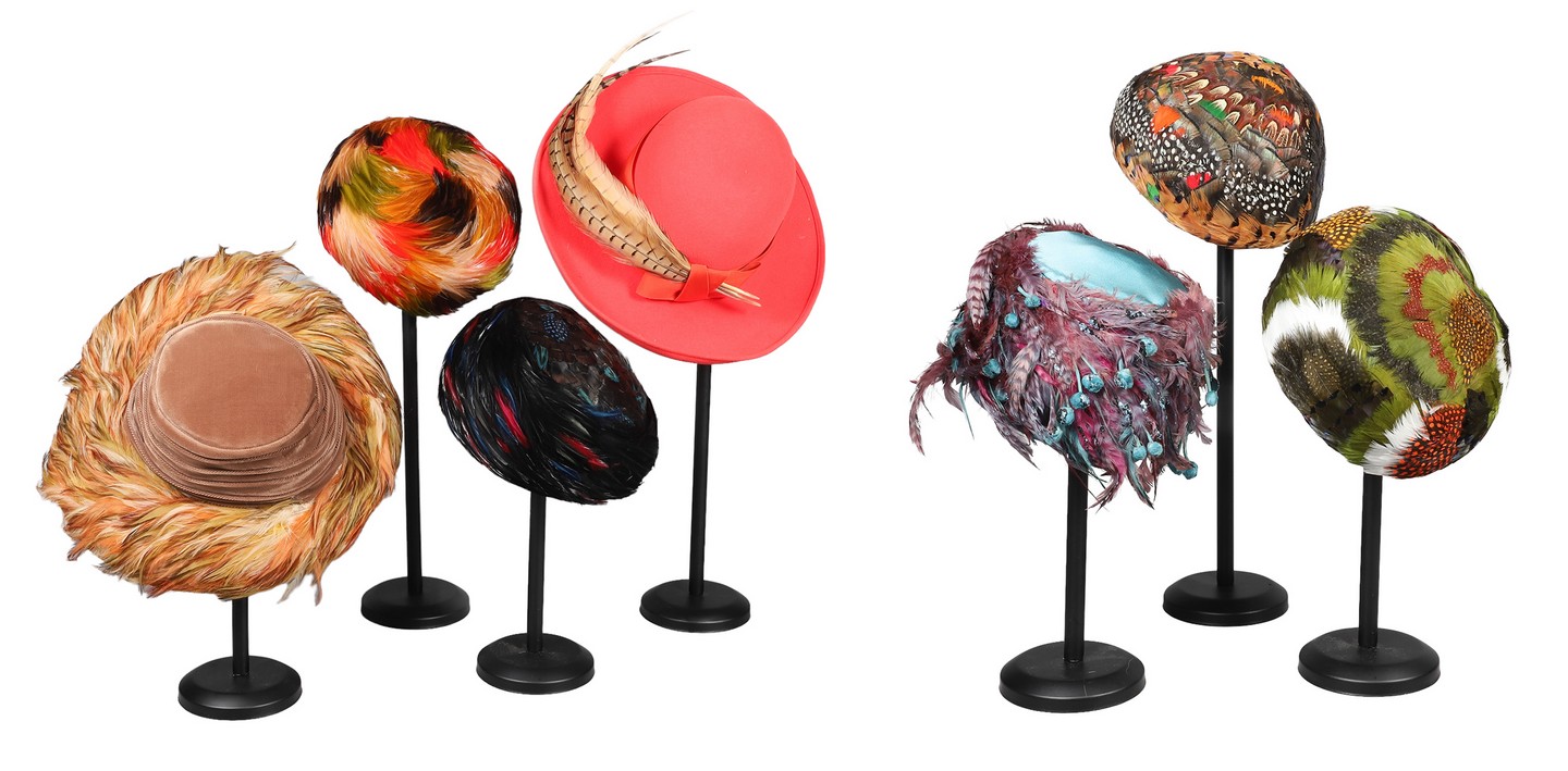 Appraisal: Feathered hats to include tan velvet wide brim hat in