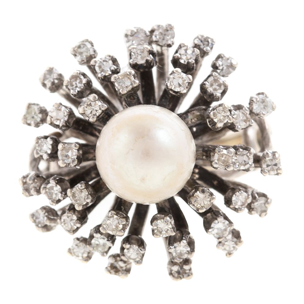 Appraisal: A Pearl and Diamond Cluster Ring in K K white