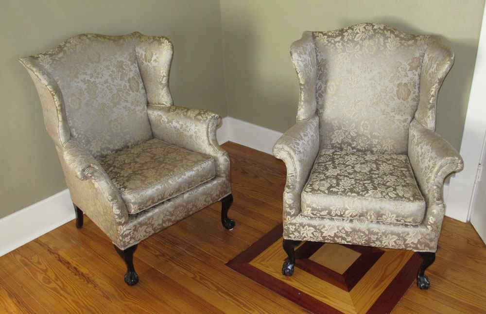 Appraisal: PAIR OF DAMASK BROCADE CHIPPENDALE STYLE WING BACK CHAIRS Floral