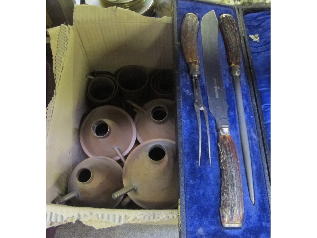 Appraisal: Cased carving set and box of copper vessels