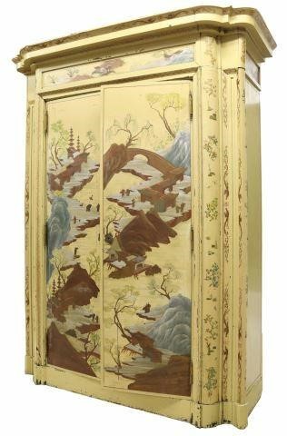 Appraisal: Monumental painted Chinoiserie armoire th c having shaped cornice top