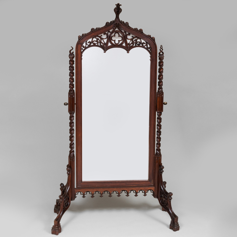 Appraisal: Gothic Revival Style Carved Mahogany Cheval Mirror of Recent Manufacture