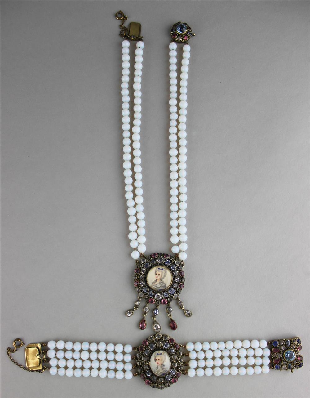 Appraisal: HOBE SEMI-PARURE OF OPALESCENT GLASS BEADED NECKLACE WITH PORTRAIT CLASP