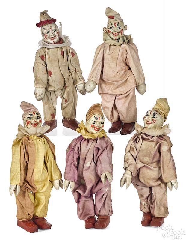 Appraisal: Five Schoenhut painted wood circus clowns Five Schoenhut painted wood