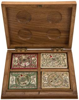 Appraisal: Four Scrimshawed Hand Painted Ivory Quadrille Boxes with Ivory Scorers