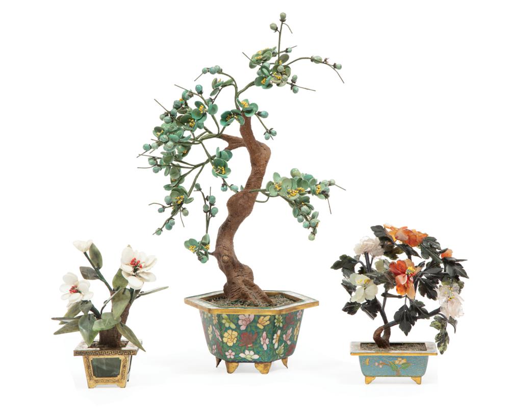 Appraisal: Three Chinese Hardstone Trees each realistically modeled potted within cloisonne