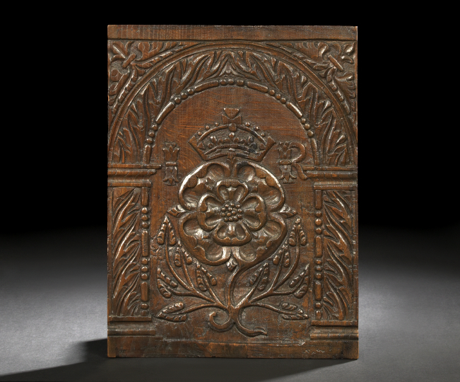 Appraisal: Good James I Carved Oak Panel with a Crowned Tudor