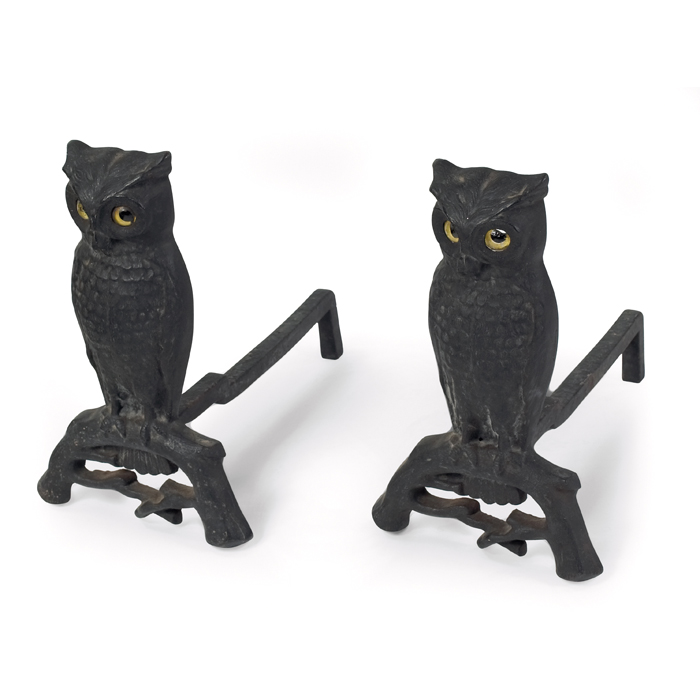 Appraisal: Arts and Crafts andirons owl motif in wrought iron with