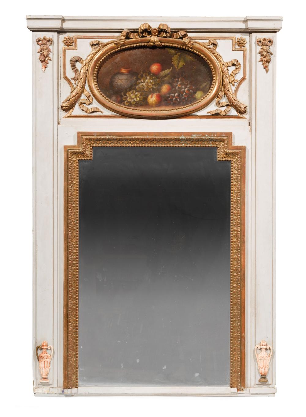 Appraisal: Louis XVI-Style Carved Cr me Peinte and Giltwood Trumeau Mirror