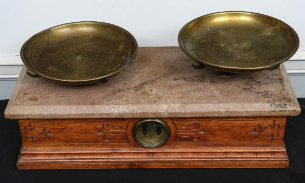 Appraisal: VICTORIAN EASTLAKE MARBLE TOP APOTHECARY SCALESCirca s ONSITE AUCTION This